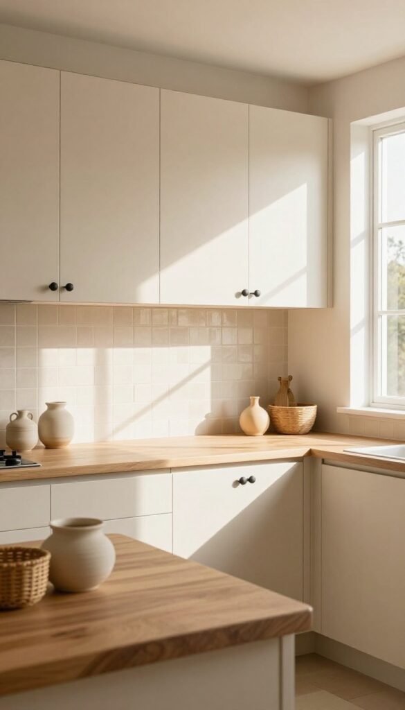 Sandy beige kitchen cabinets with matte black hardware, warm wood countertop, and creamy tile backsplash in natural light