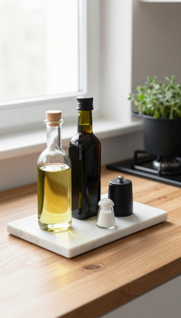 A small marble tray on a kitchen counter neatly organizing olive oil, vinegar, salt, and pepper, with warm wood and matte black appliances in the background.