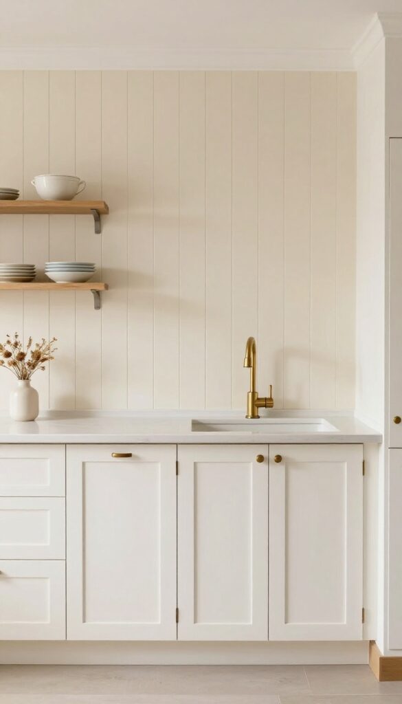Bright kitchen with cream beadboard backsplash, distressed cabinets, and brass faucet