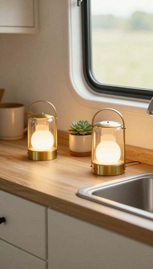 Cozy caravan kitchen with battery-operated sconces casting warm light on sink area