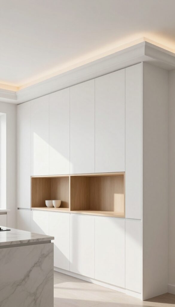 Modern kitchen with warm cove lighting in crown molding creating a floating ceiling effect