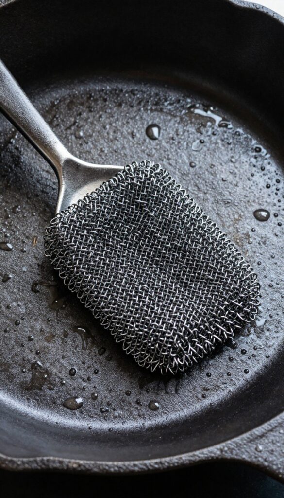 Chainmail scrubber in a wet cast iron skillet