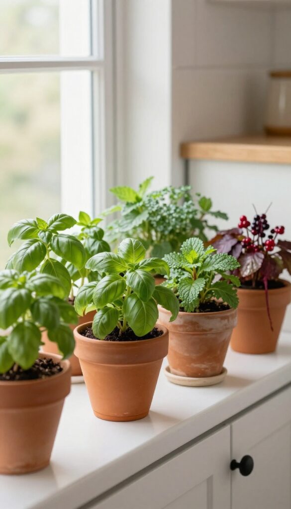 Window sill herb garden with terracotta and ceramic pots on a kitchen window ledge, natural light, tiny kitchen background.