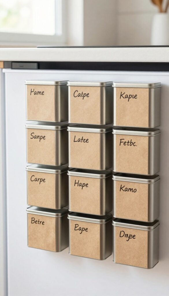 Magnetic spice tins on a fridge door in a modern kitchen