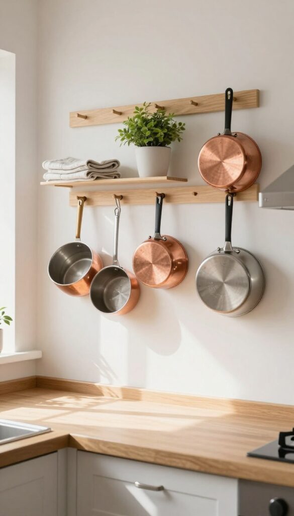 A pegboard mounted on a kitchen wall holding pots, pans, a plant, and a dish towel in warm natural light.