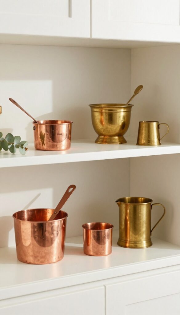 Curated copper and brass kitchen decor on upper cabinet shelf with eucalyptus