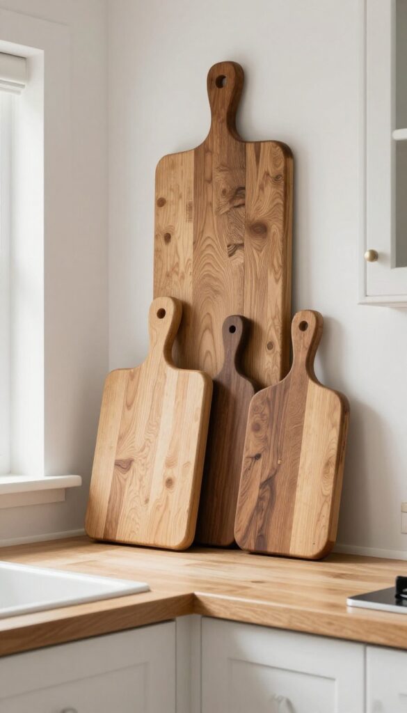 Vintage breadboards and cutting boards leaning against wall above kitchen cabinets