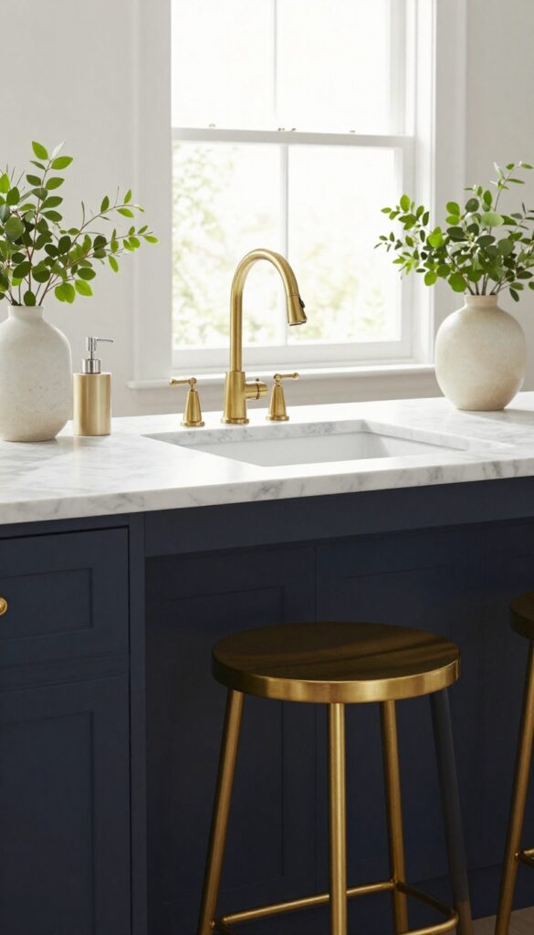 Kitchen island with brass legs, navy cabinets, marble countertop, and natural light