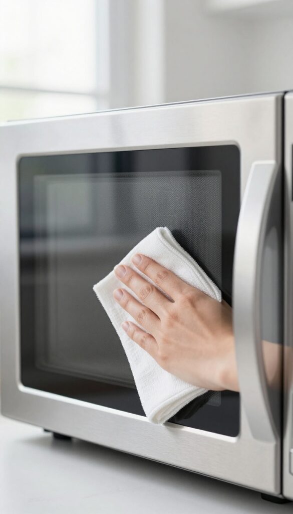 Hand polishing a clean microwave with a microfiber cloth, streak-free shine, bright kitchen light