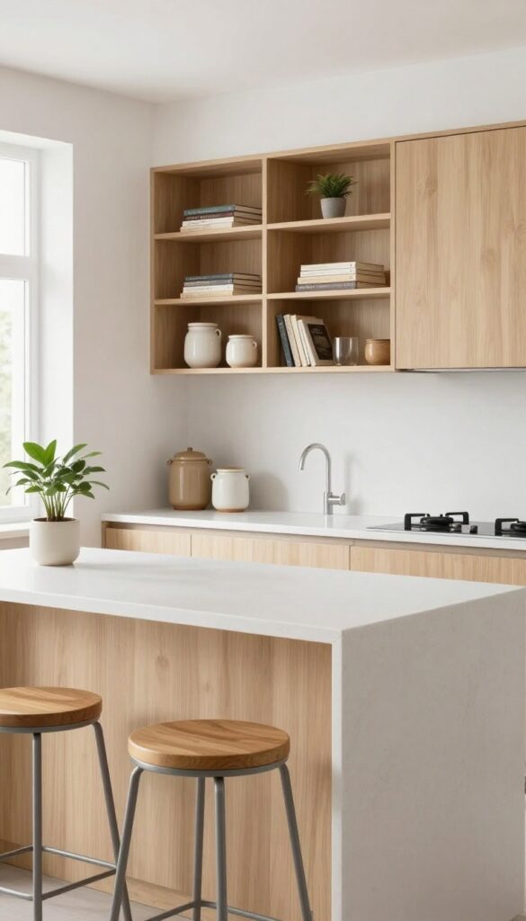 Small kitchen island with open shelving and two slim counter stools