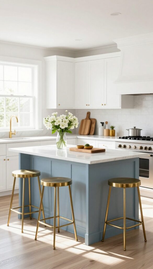 Blue kitchen island with gold base and brass stools in a light airy kitchen.
