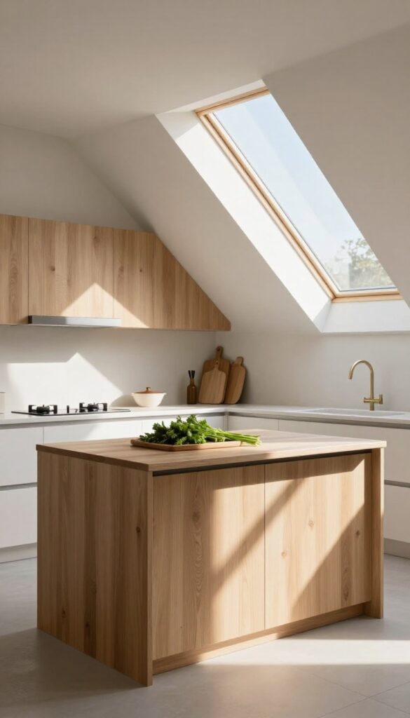 Bright modern kitchen with pyramid skylight above island, natural light, warm wood tones