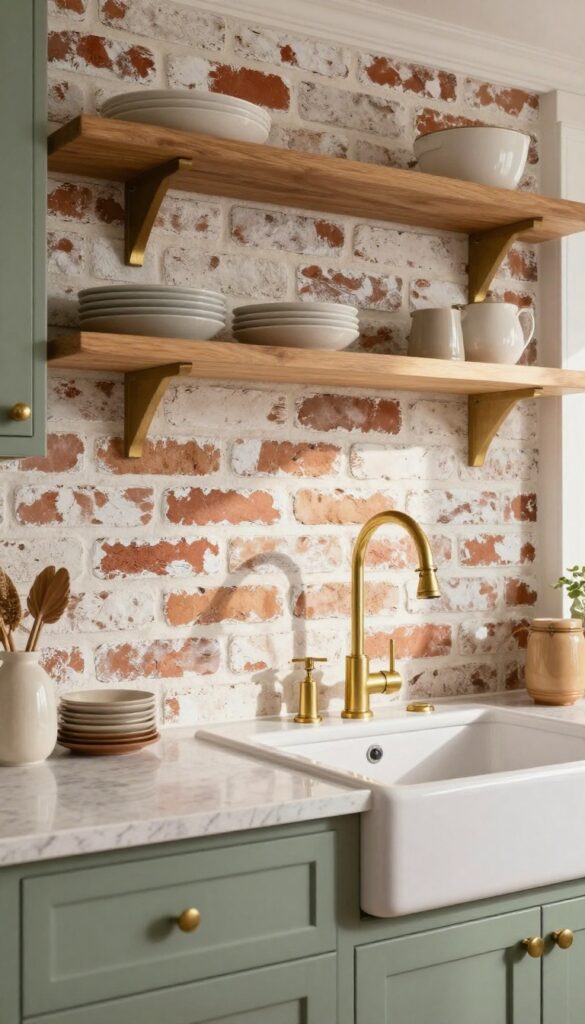 Whitewashed brick backsplash with warm brass fixtures and open wooden shelves in a cozy kitchen