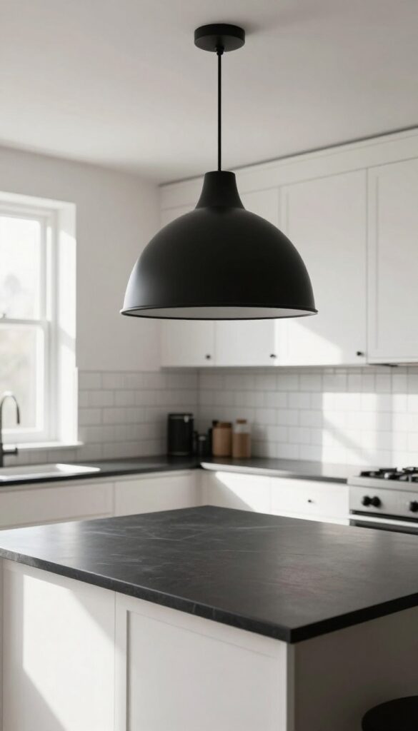 Modern black and white kitchen with a statement matte black dome pendant light over a large island, bright natural light, cozy and layered.