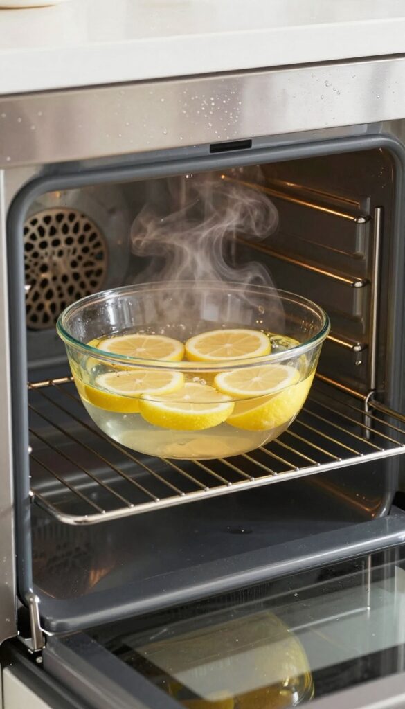 Steam cleaning an oven with a bowl of water and lemon slices