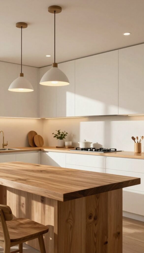 Modern country kitchen with layered warm lighting over island and countertops