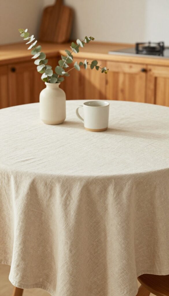A cozy farmhouse kitchen table with a washable oatmeal cotton tablecloth, ceramic mug, and dried eucalyptus vase in natural light.