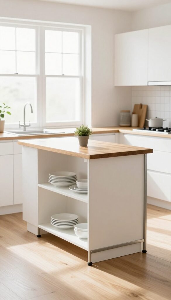 Small rolling kitchen island with butcher block top and open shelves in a bright tiny kitchen