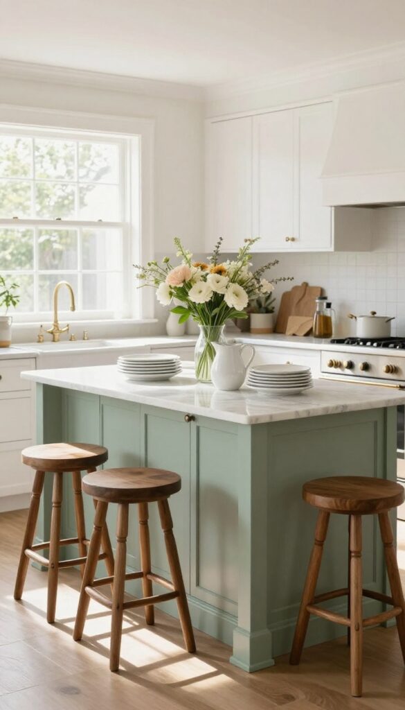 Large kitchen island with glass-front cabinets in sage green, counter stools with turned legs, and warm natural light