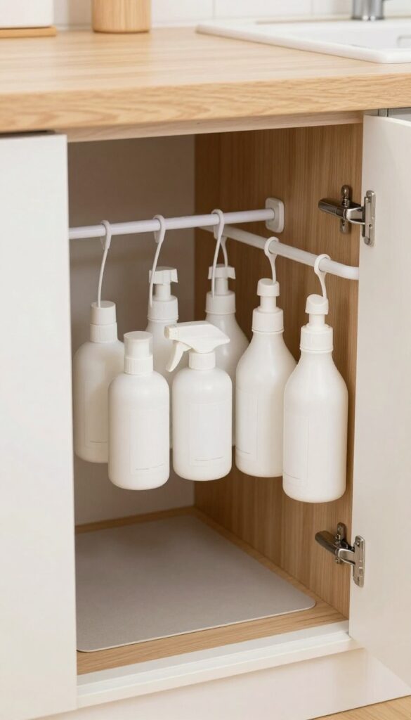Under-sink cabinet with tension rod holding spray bottles upside down