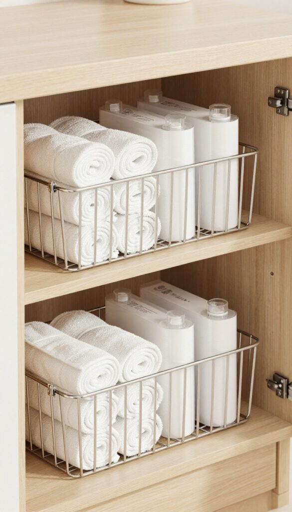 Under-shelf wire baskets in a kitchen cabinet holding dish towels, plastic wrap, and spices