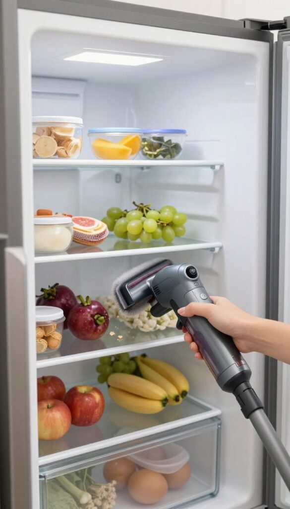 Person using a vacuum with a brush attachment to clean crumbs from a refrigerator shelf