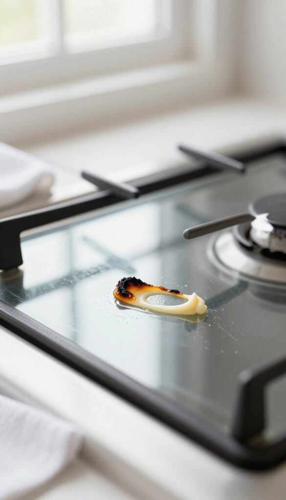 Mayonnaise applied to a burnt grease spot on a glass stove top