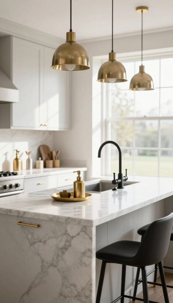 Luxury kitchen with mixed metal finishes, brass hardware, black faucet, chrome lights, marble island, bright natural light.