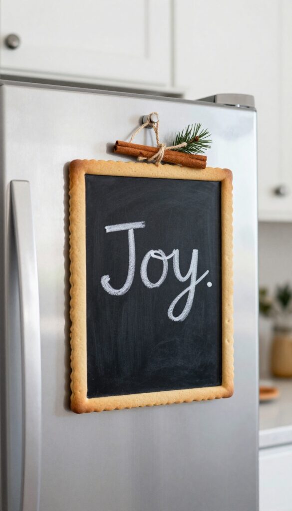 Magnetic cookie sheet sign on fridge with chalkboard paint and holiday greeting
