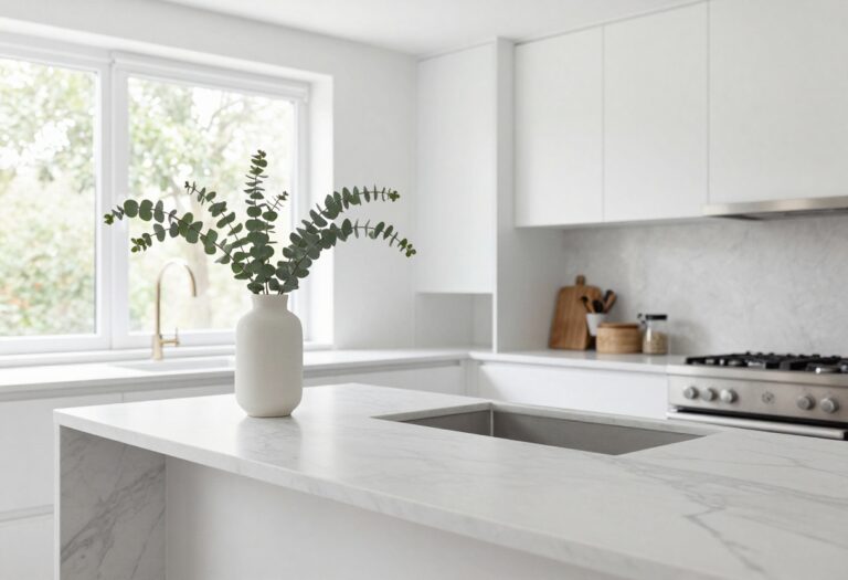 Modern kitchen counter with a white vase and eucalyptus branches, clean and airy styling