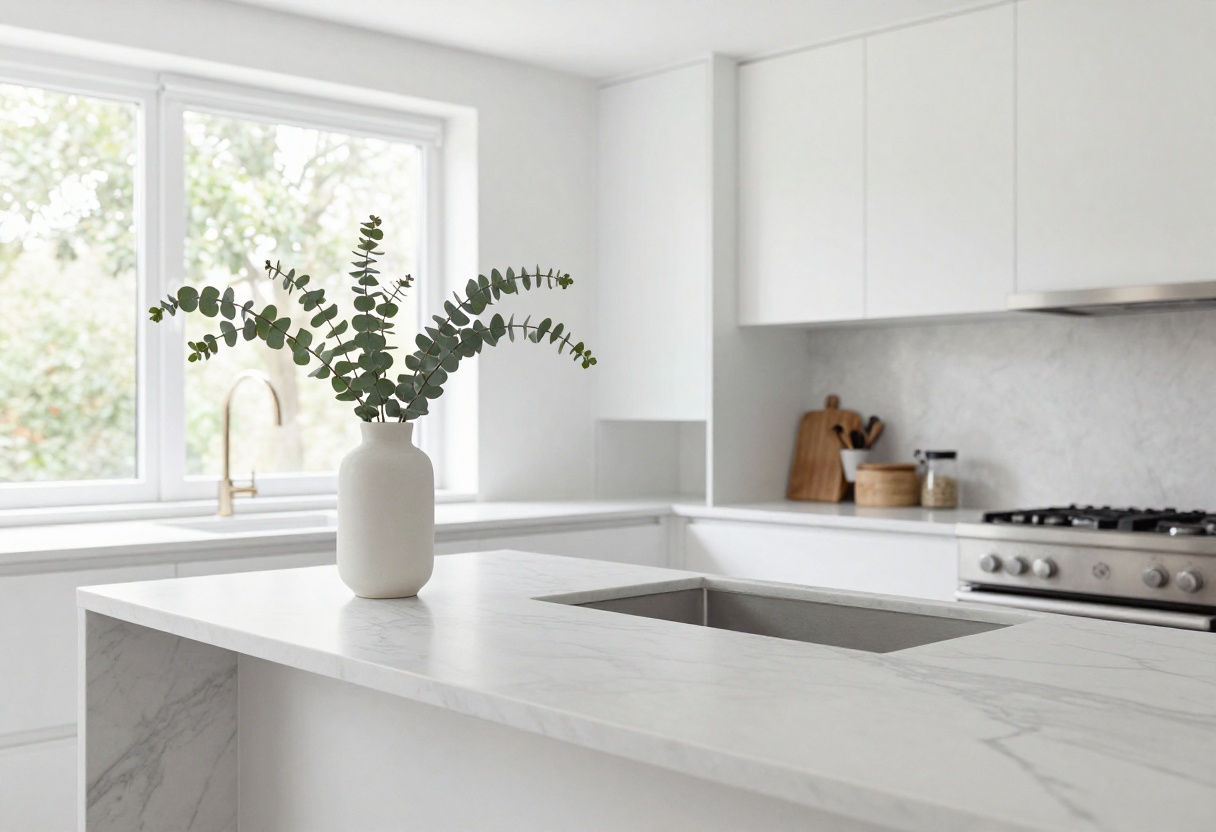 Modern kitchen counter with a white vase and eucalyptus branches, clean and airy styling