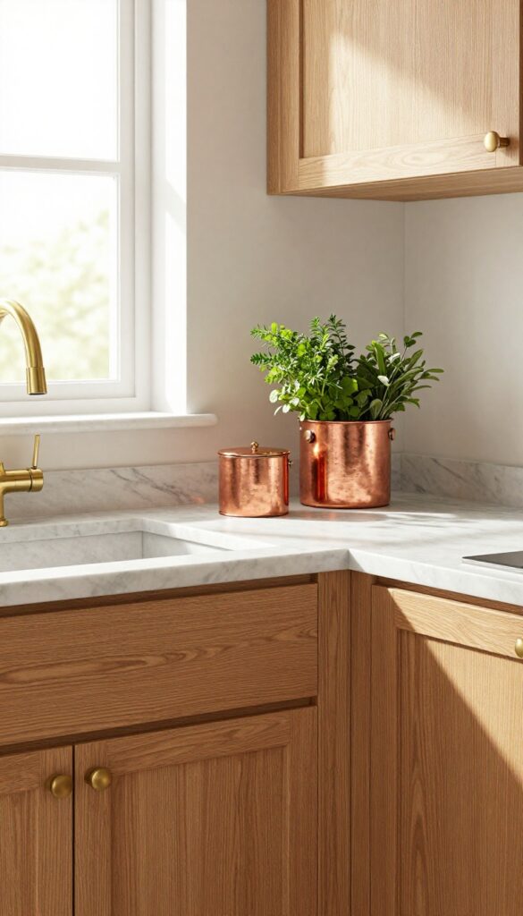 Oak cabinets styled with warm brass faucet and copper canisters on marble countertop