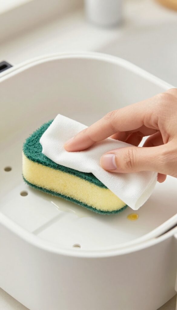 A damp melamine sponge being used to gently clean a stubborn grease spot on an air fryer basket.