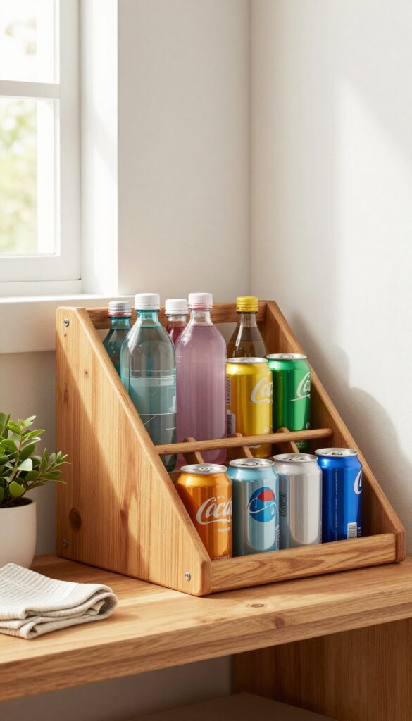 Repurposed wooden wine rack holding water bottles and cans on a pantry shelf with a plant and tea towel.