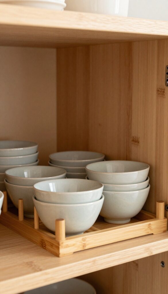 Stackable bowl rack in a kitchen cabinet with neatly arranged bowls