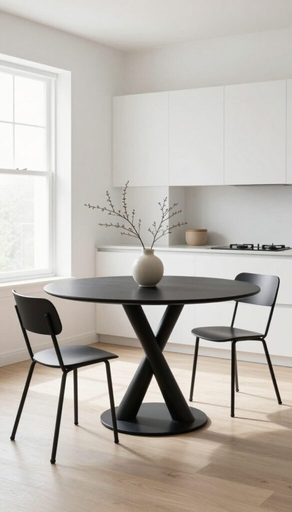 Modern kitchen with round table featuring sculptural black metal base and minimalist chairs