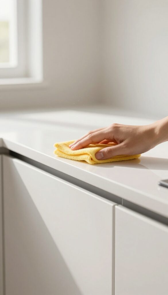 Person using a microfiber duster on kitchen cabinets for daily maintenance