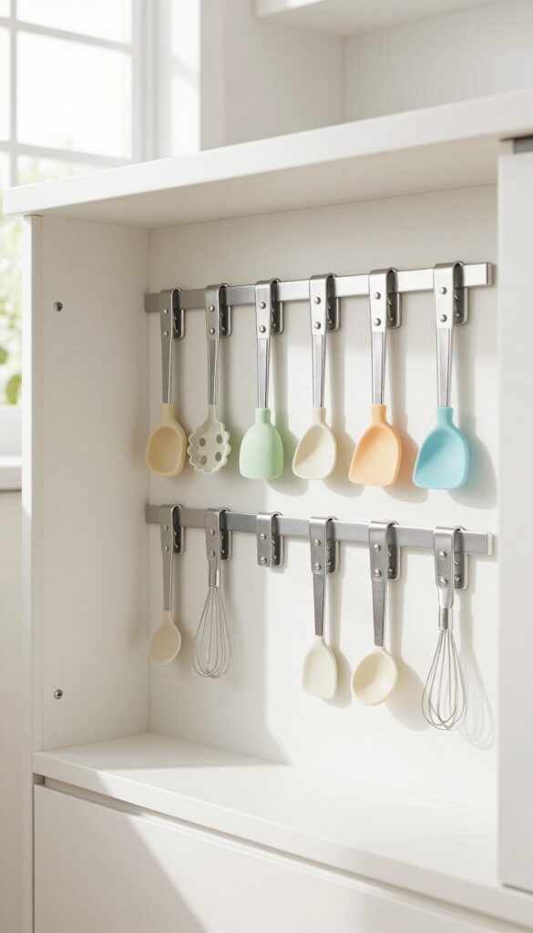 Magnetic strip inside a low cabinet holding white metal tins with toddler-safe kitchen tools