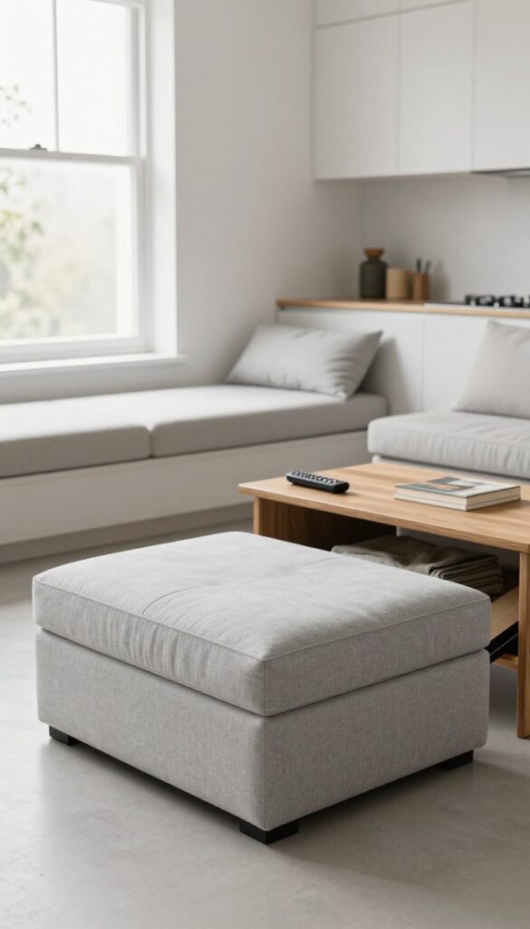 Multi-functional furniture in a small open-plan living room: storage ottoman, lift-top coffee table, and bench with hidden storage, bright natural light.