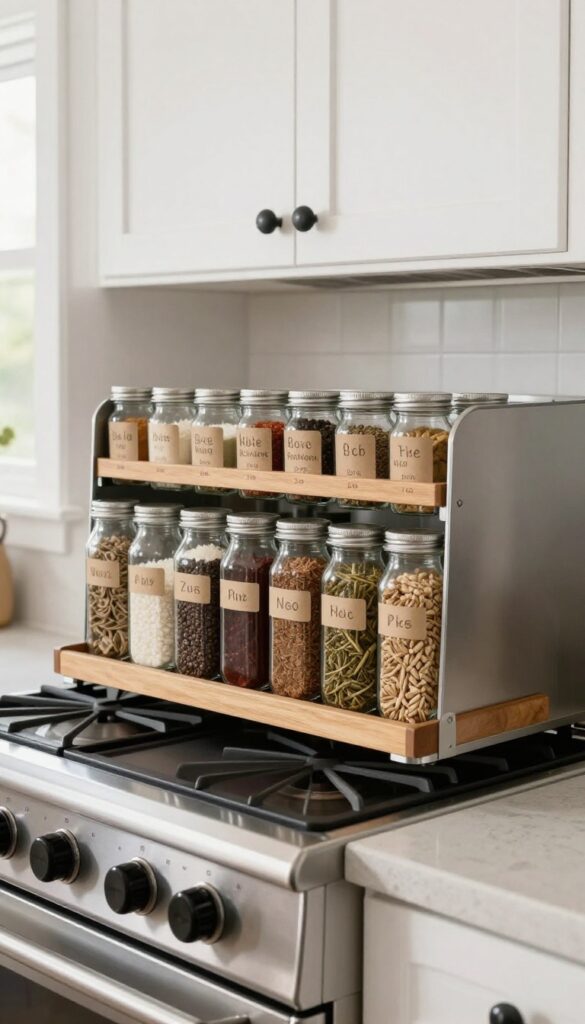 Pull-out spice rack next to stove with labeled glass jars in a modern farmhouse kitchen
