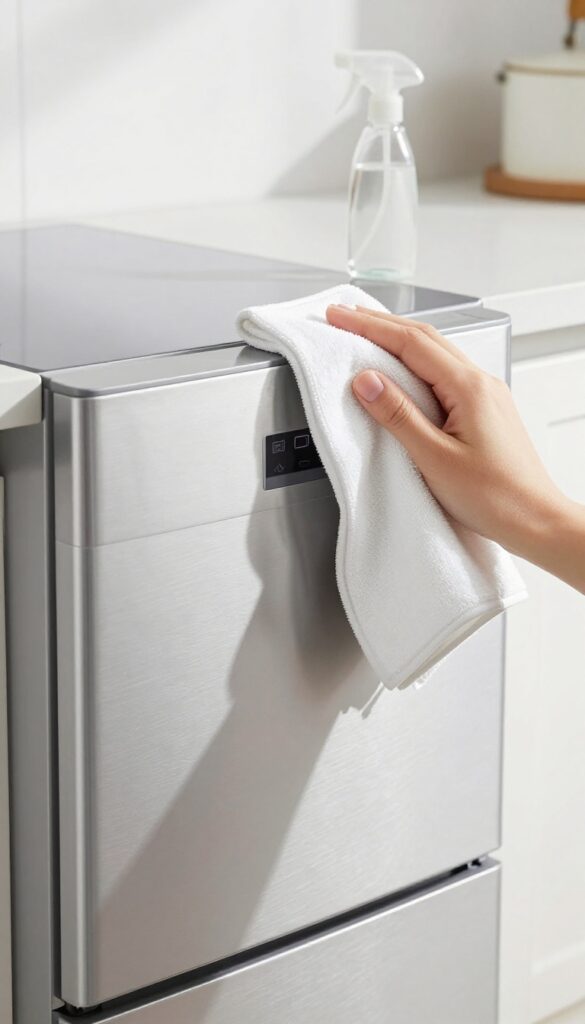 Cleaning the exterior and control panel of a stainless steel dishwasher with a microfiber cloth.