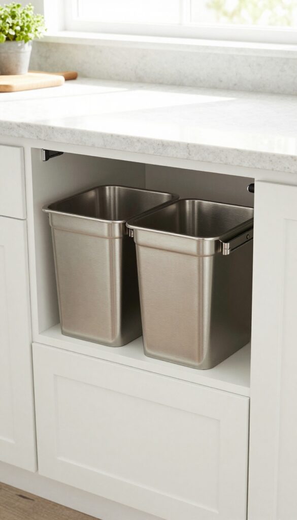 Pull-out trash and recycling bins inside a kitchen island, stainless steel double-bin system with cabinet front panel, modern kitchen with natural light