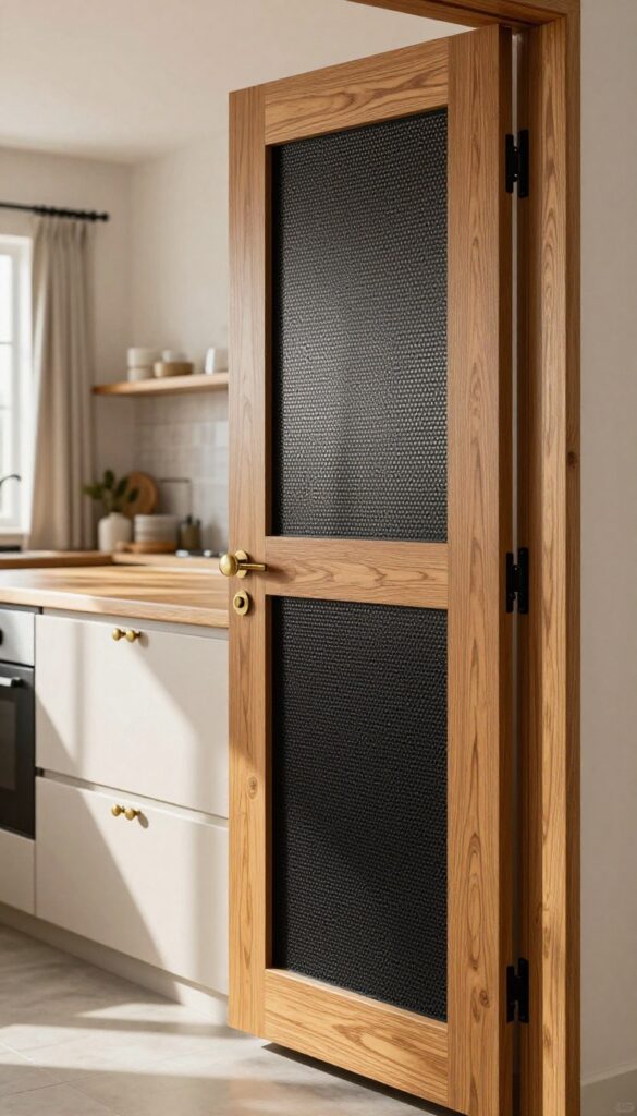 A kitchen door with a wood frame and black metal mesh insert, set in a bright, modern kitchen with mixed finishes.