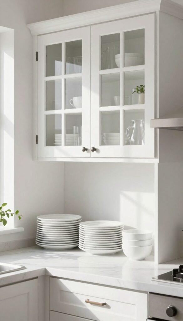 Glass-front cabinet doors in a bright kitchen with neatly organized dishes and a small plant inside