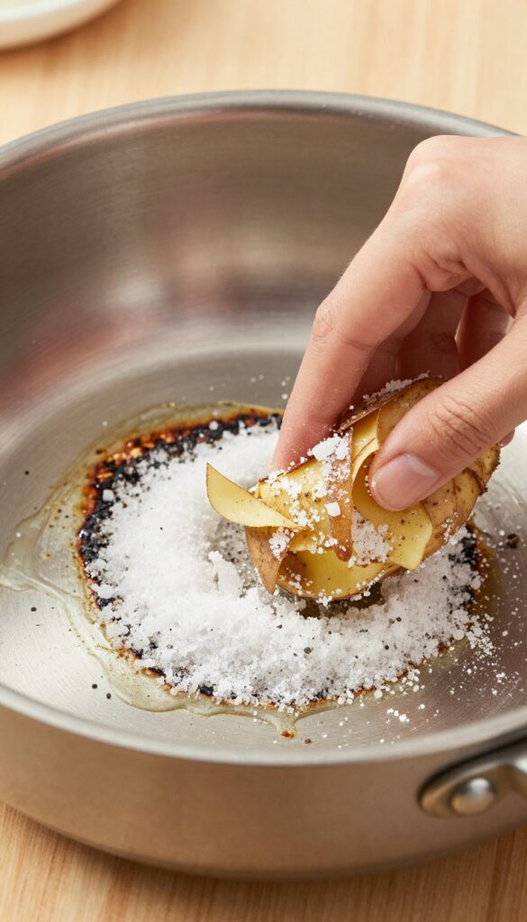 Hand scrubbing a burnt stainless steel pan with potato peels and coarse salt in bright natural light