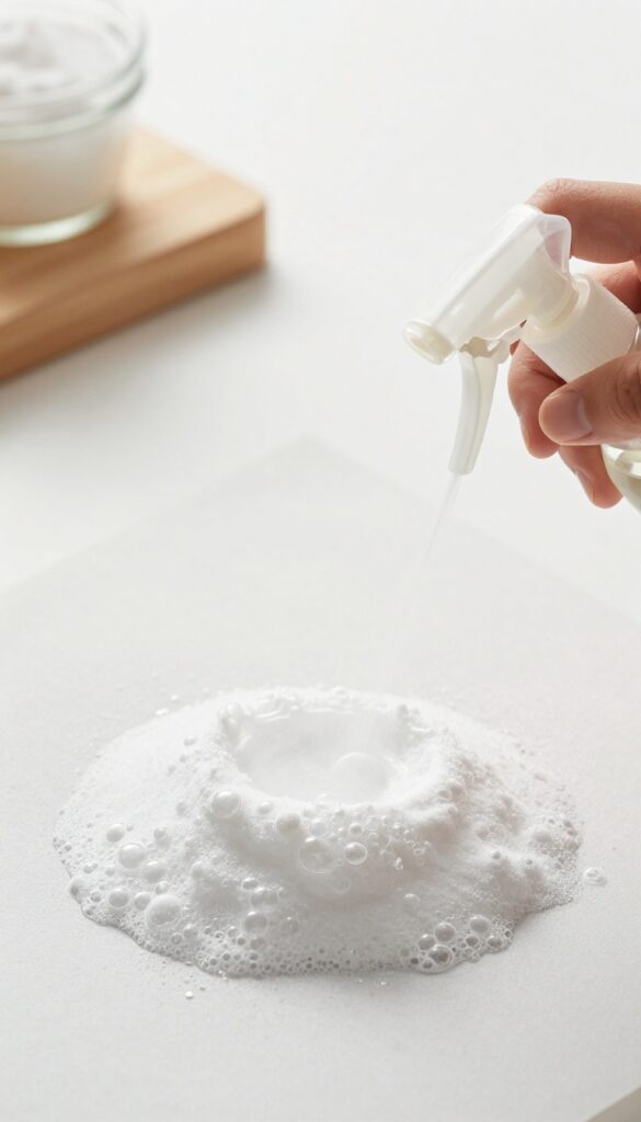Spraying white vinegar over baking soda paste in an oven, creating fizzy bubbles to lift burnt residue.