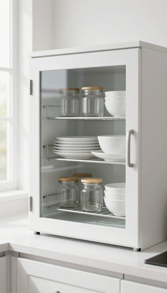 Small kitchen with glass-front upper cabinets, white dishes and jars neatly displayed inside, natural light, clean and bright.
