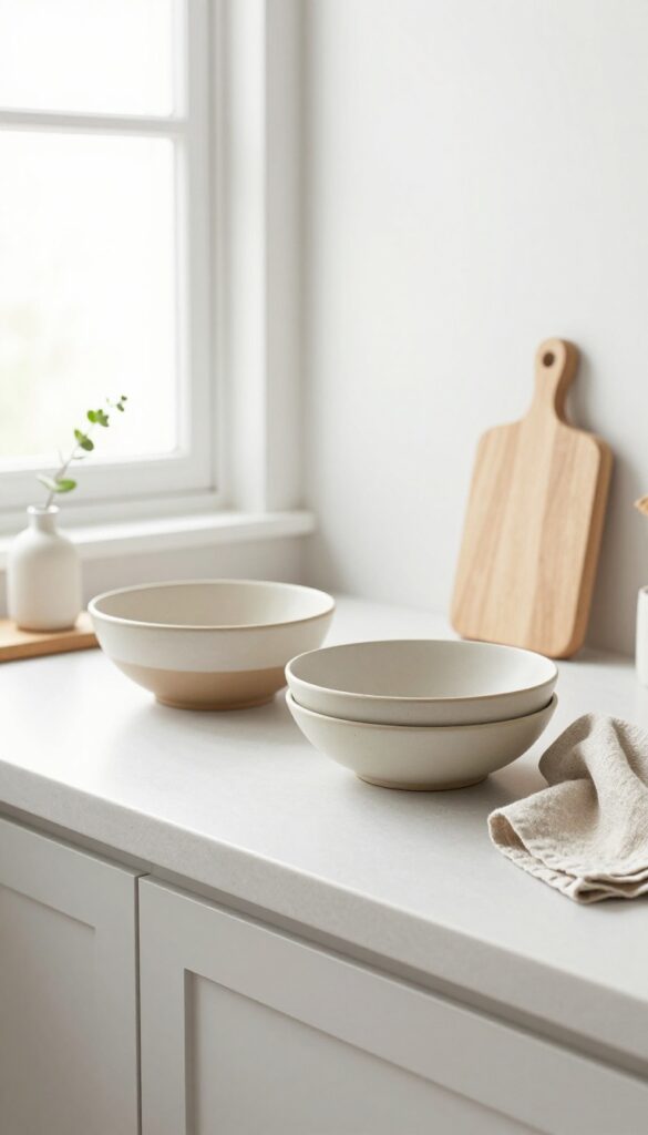 A stack of neutral stoneware bowls on a kitchen counter, styled with a wooden cutting board and a single stem in a vase.