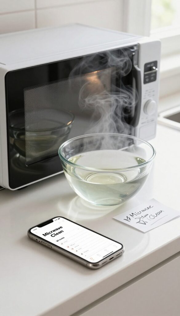 A clean microwave with a bowl of vinegar water inside, steam rising, and a smartphone showing a cleaning reminder on a bright kitchen counter.