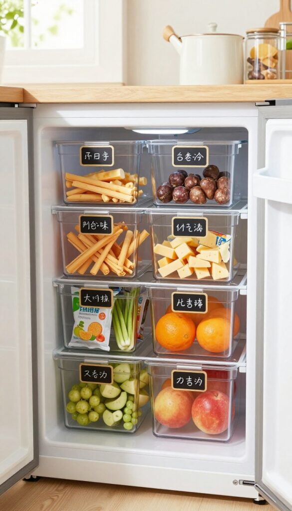 Open refrigerator drawer with clear bins of organized kids snacks, labeled with chalkboard tags, in a bright kitchen.